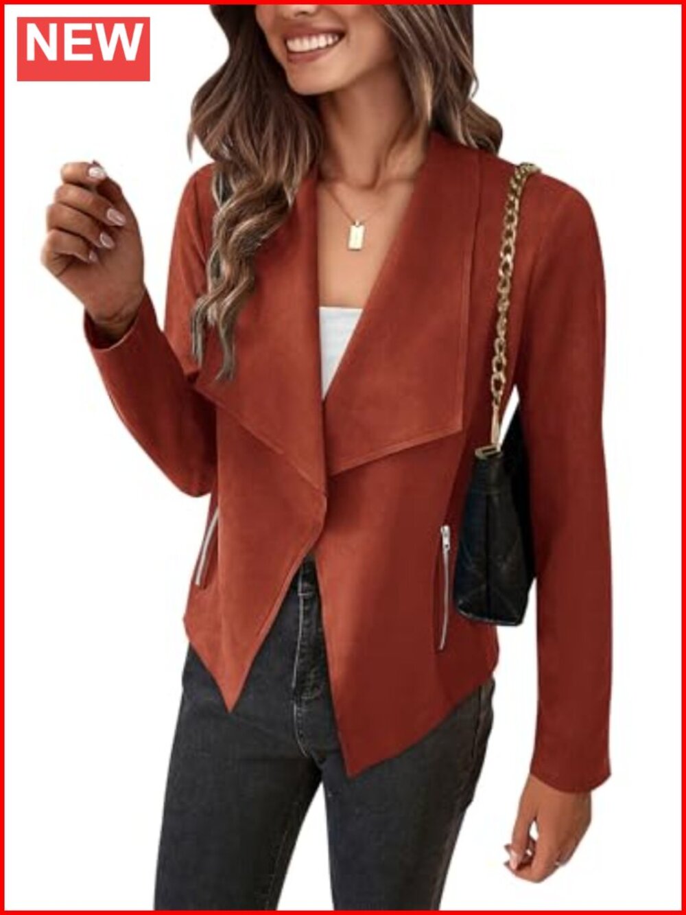 Womens Faux Suede Cropped Jacket Waterfall Collar Long Sleeve Casual Coat
